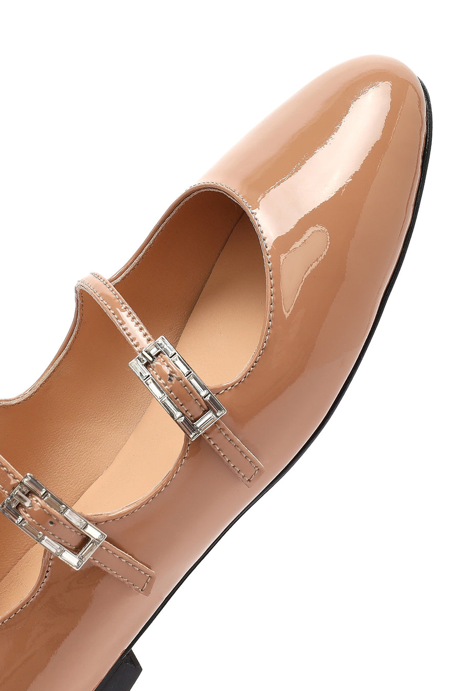 Women's Beige Buckled Stoned Patent Leather Ballerinas
