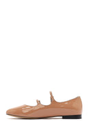 Women's Beige Buckled Stoned Patent Leather Ballerinas | Derimod