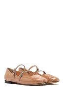 Women's Beige Buckled Stoned Patent Leather Ballerinas | Derimod