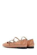 Women's Beige Buckled Stoned Patent Leather Ballerinas | Derimod