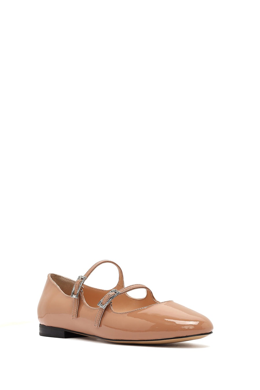 Women's Beige Buckled Stoned Patent Leather Ballerinas