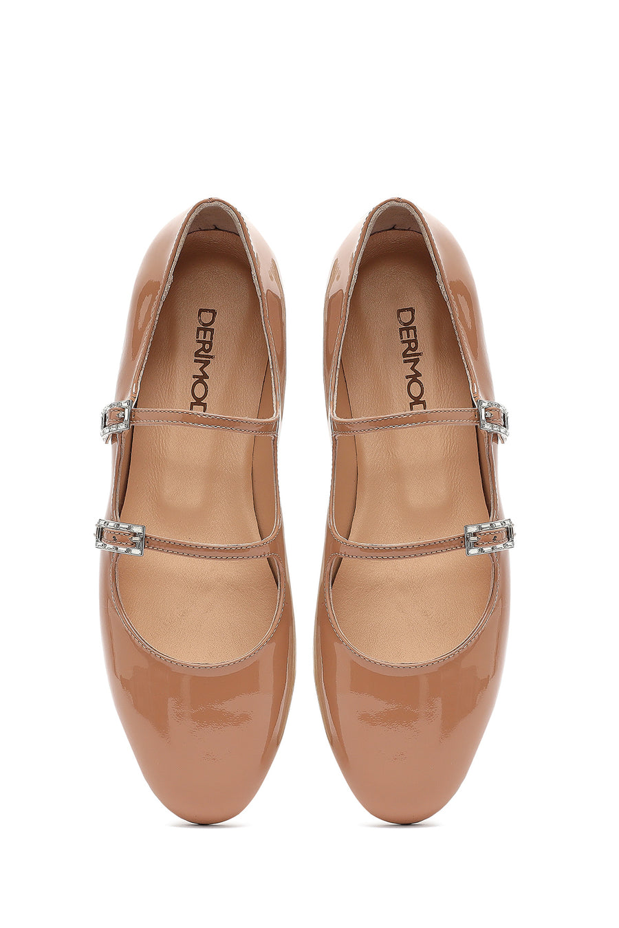 Women's Beige Buckled Stoned Patent Leather Ballerinas
