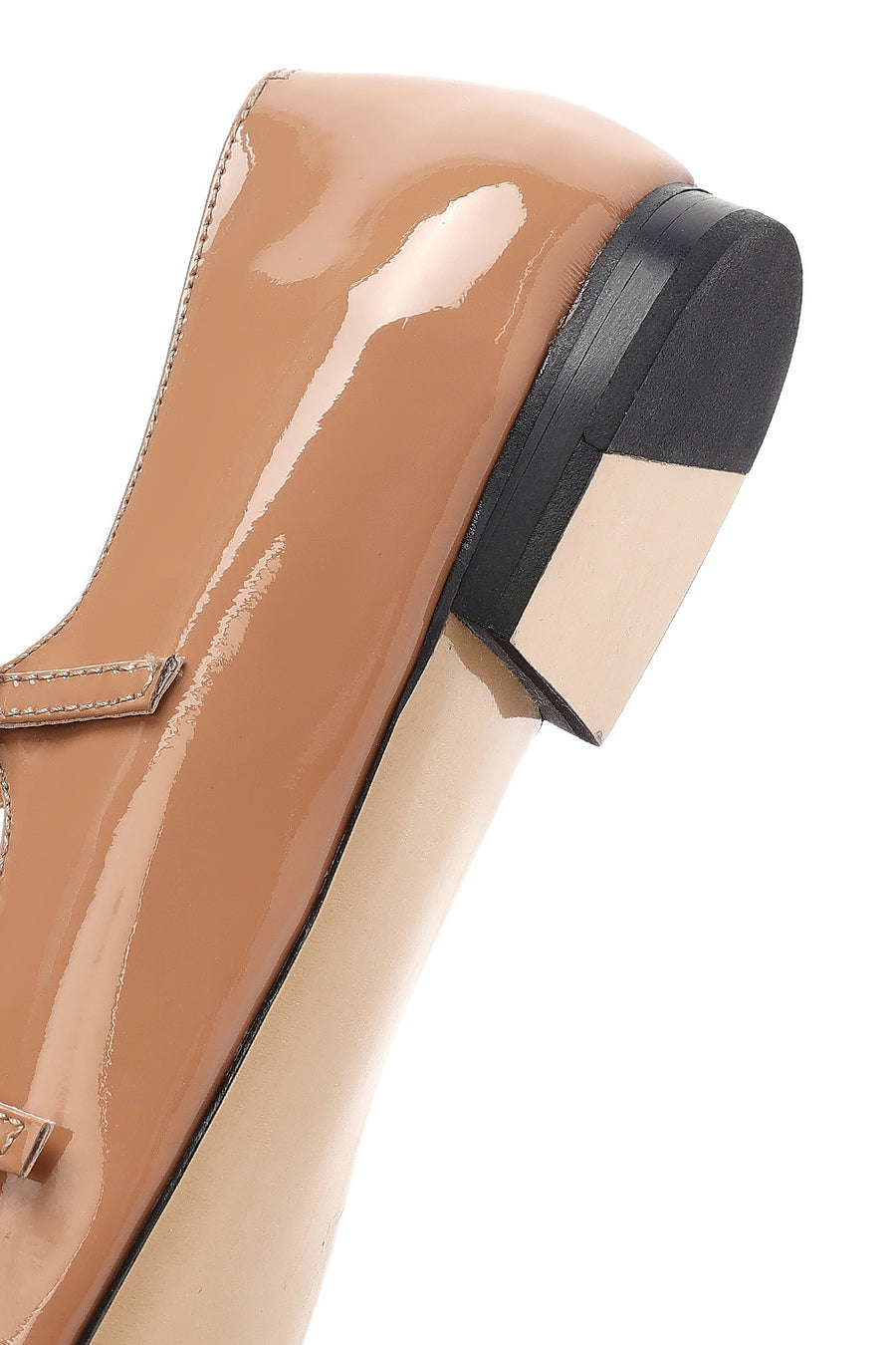 Women's Beige Buckled Stoned Patent Leather Ballerinas