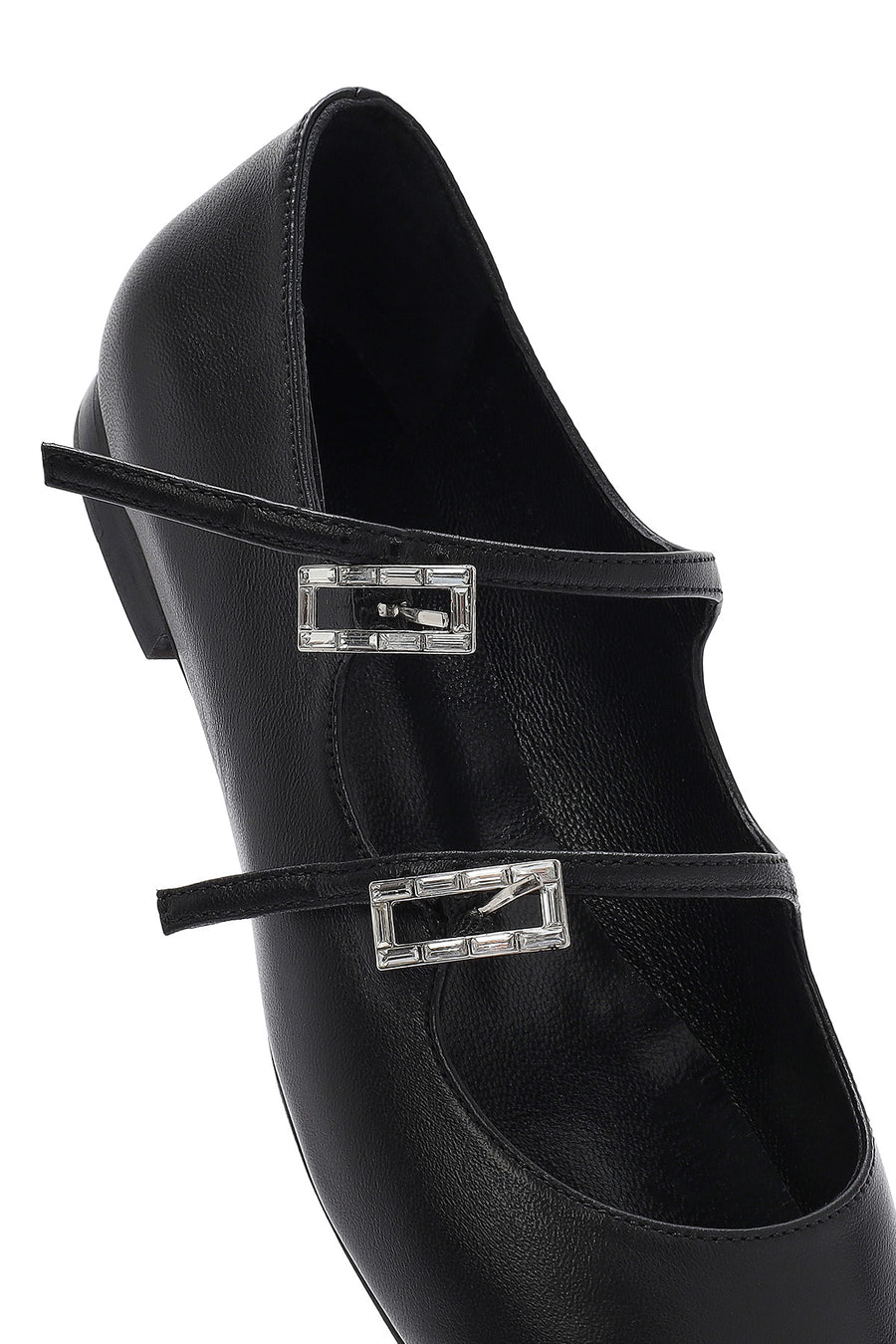 Women's Black Double Buckled Leather Ballerinas
