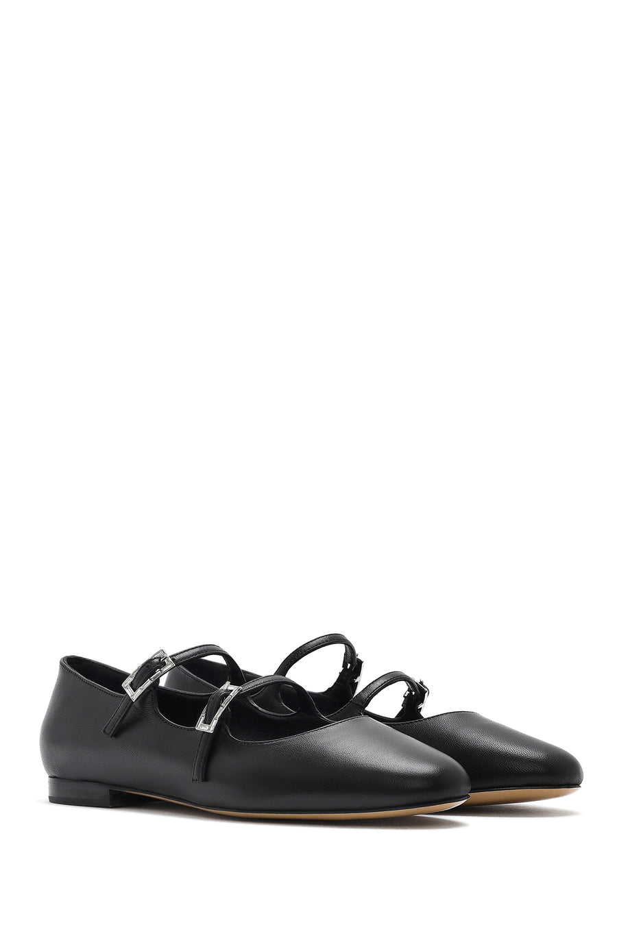 Women's Black Double Buckled Leather Ballerinas