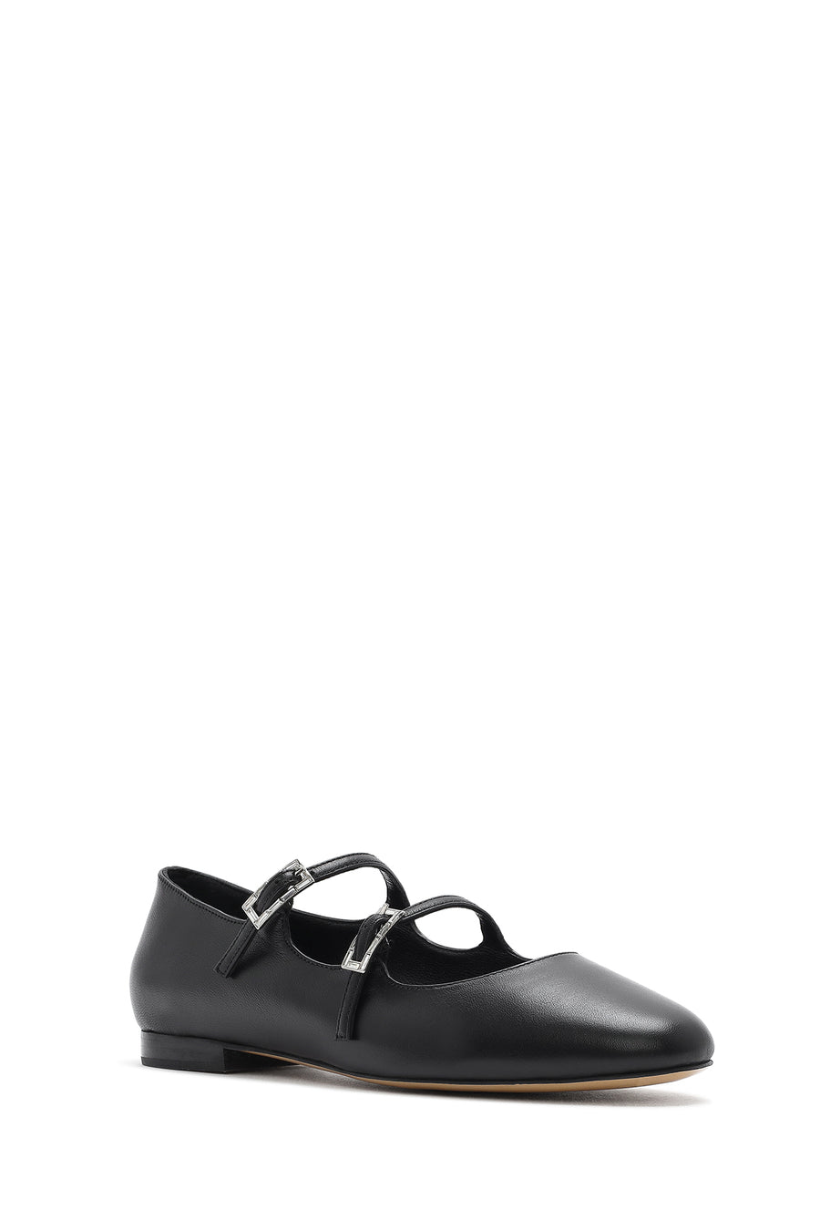 Women's Black Double Buckled Leather Ballerinas