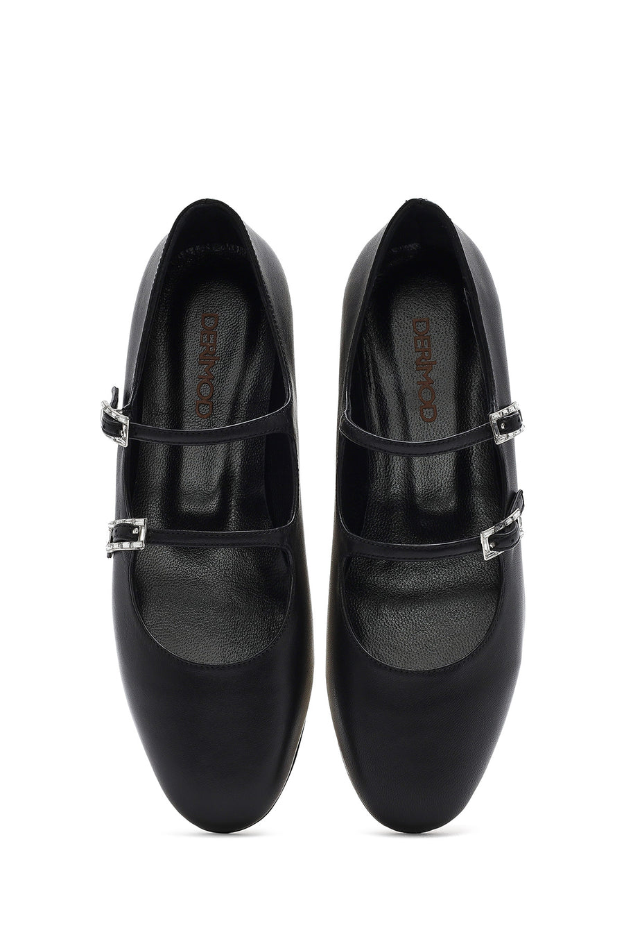 Women's Black Double Buckled Leather Ballerinas