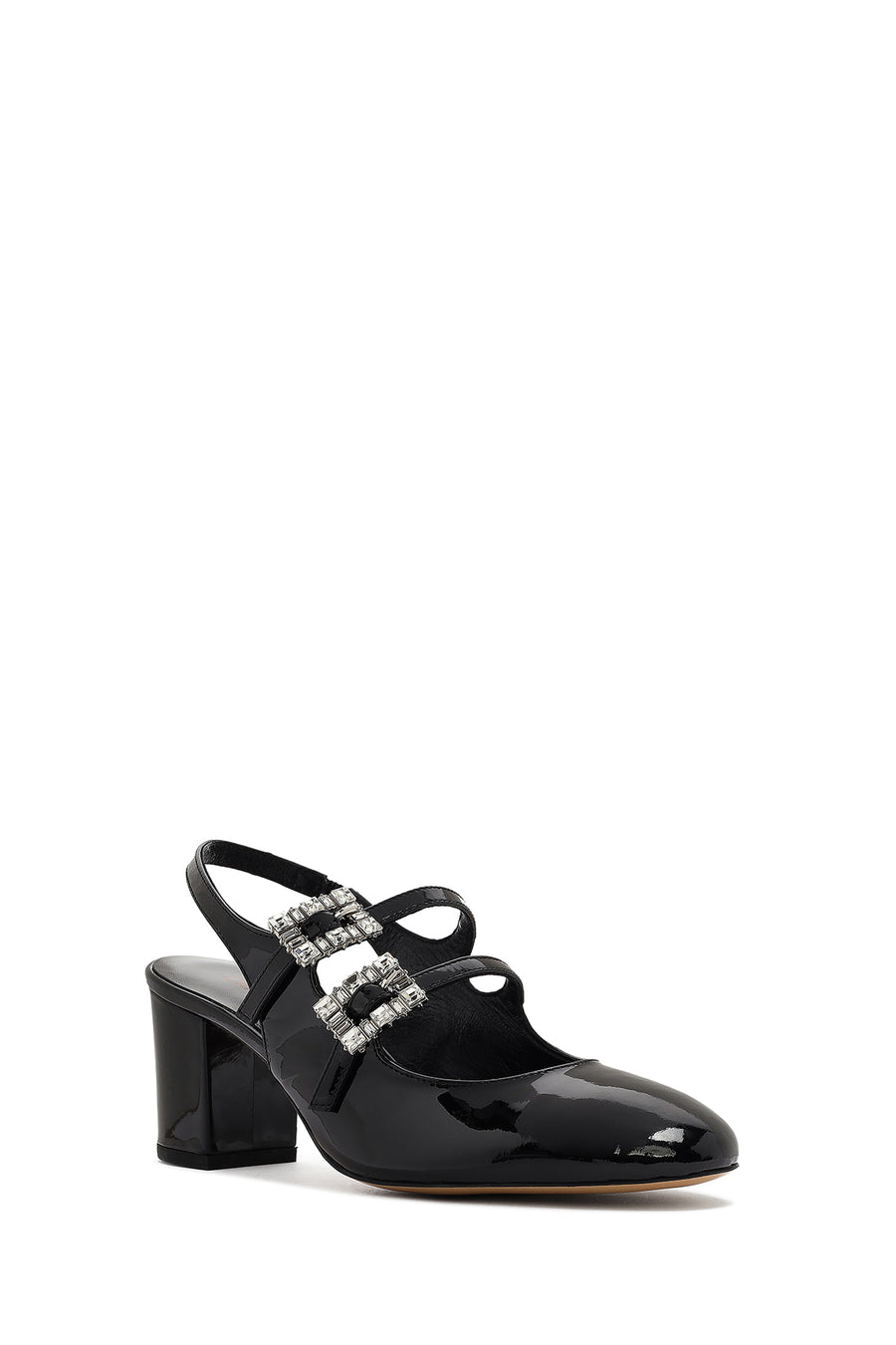 Women's Black Ankle Buckle Thick Heel Patent Leather Shoes