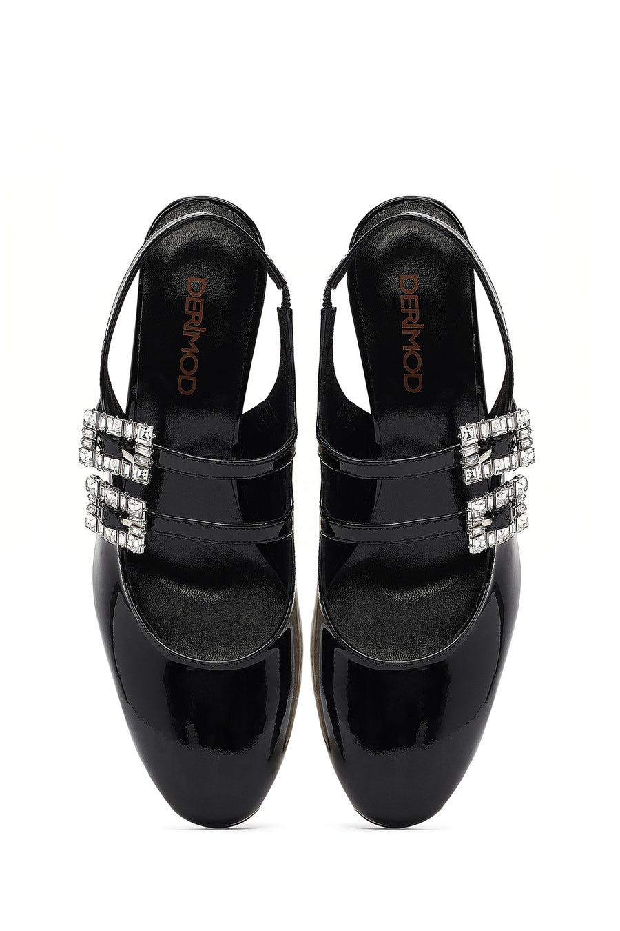 Women's Black Ankle Buckle Thick Heel Patent Leather Shoes