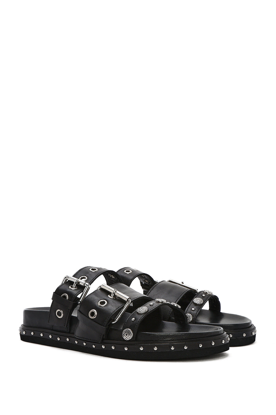 Women's Black Buckled Strap Suede Leather Slippers