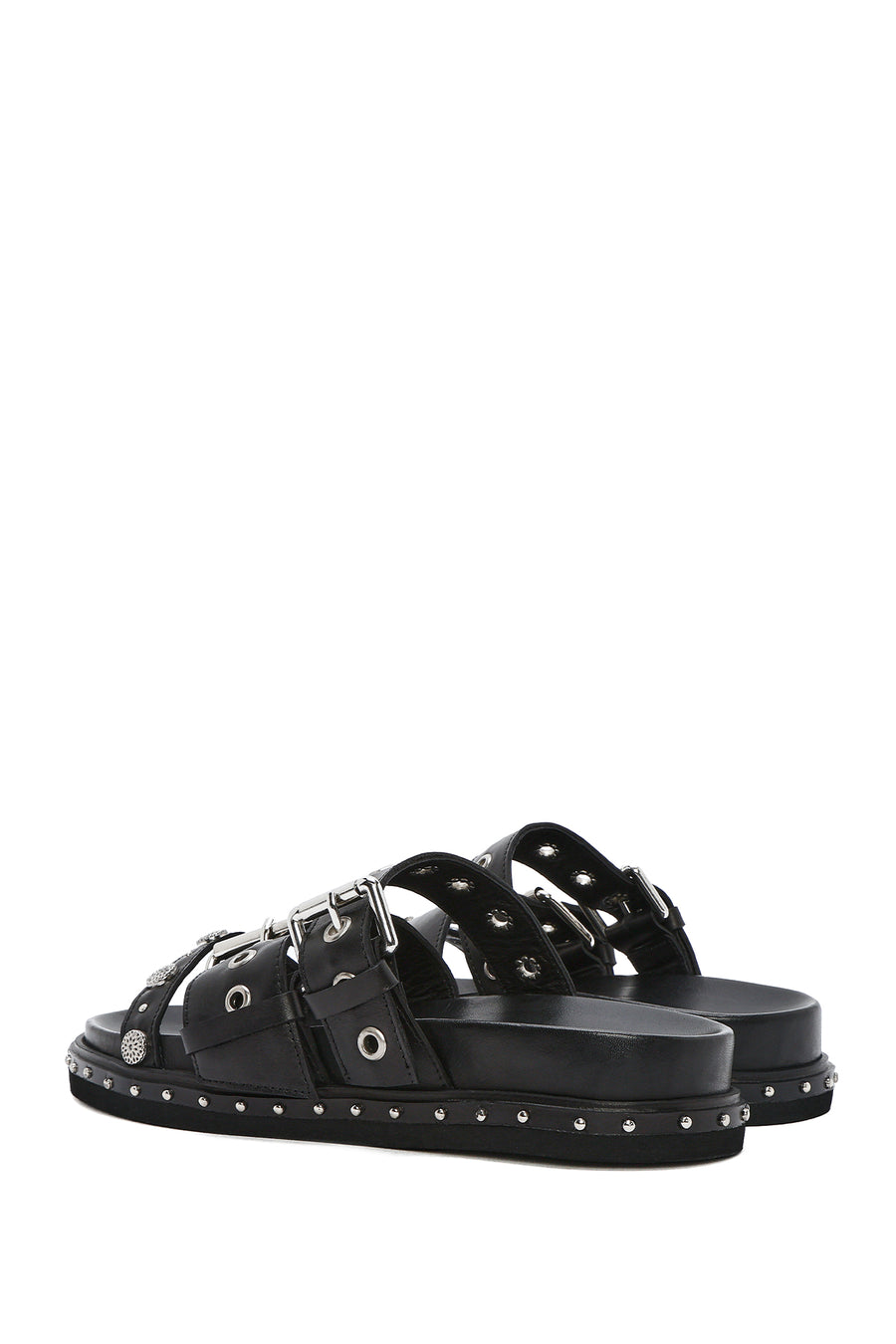 Women's Black Buckled Strap Suede Leather Slippers