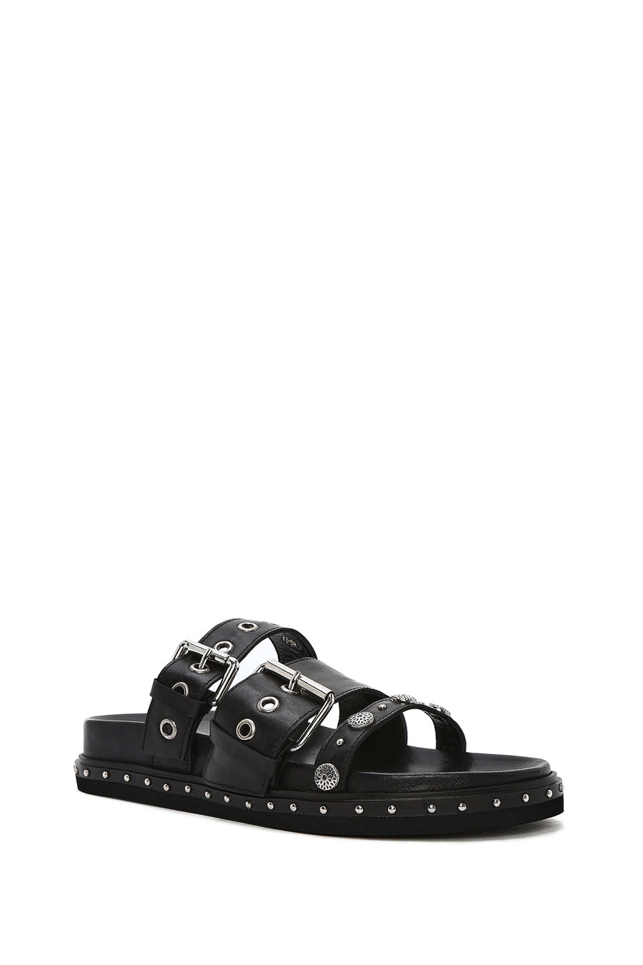 Women's Black Buckled Strap Suede Leather Slippers