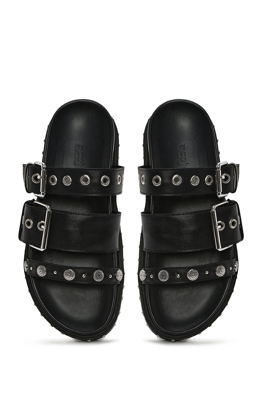 Women's Black Buckled Strap Suede Leather Slippers