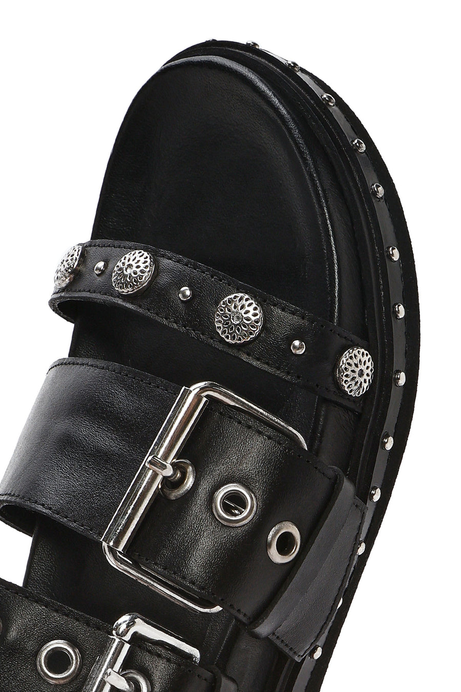 Women's Black Buckled Strap Suede Leather Slippers