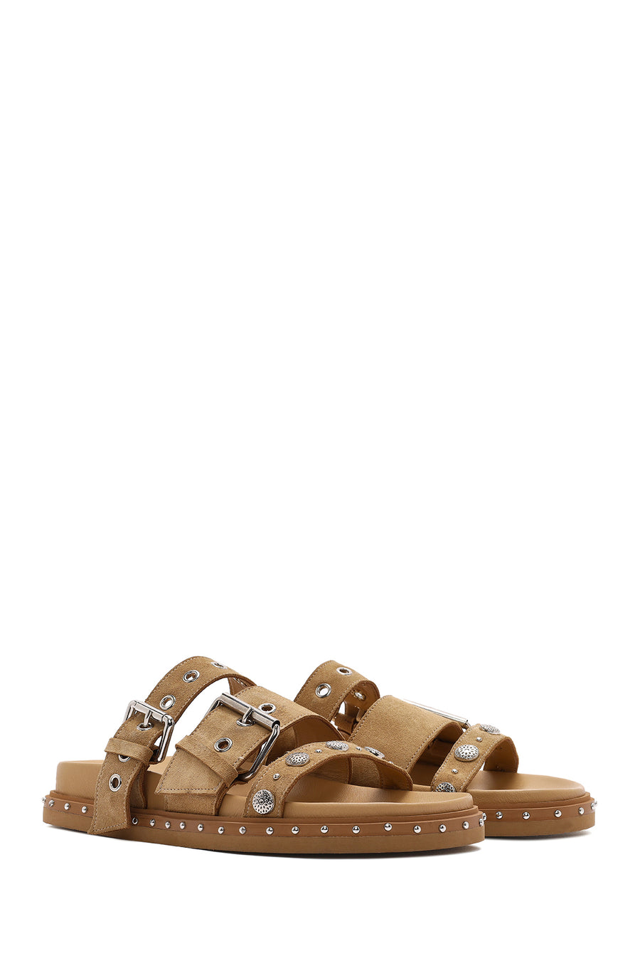 Women's Brown Buckled Strap Suede Leather Slippers