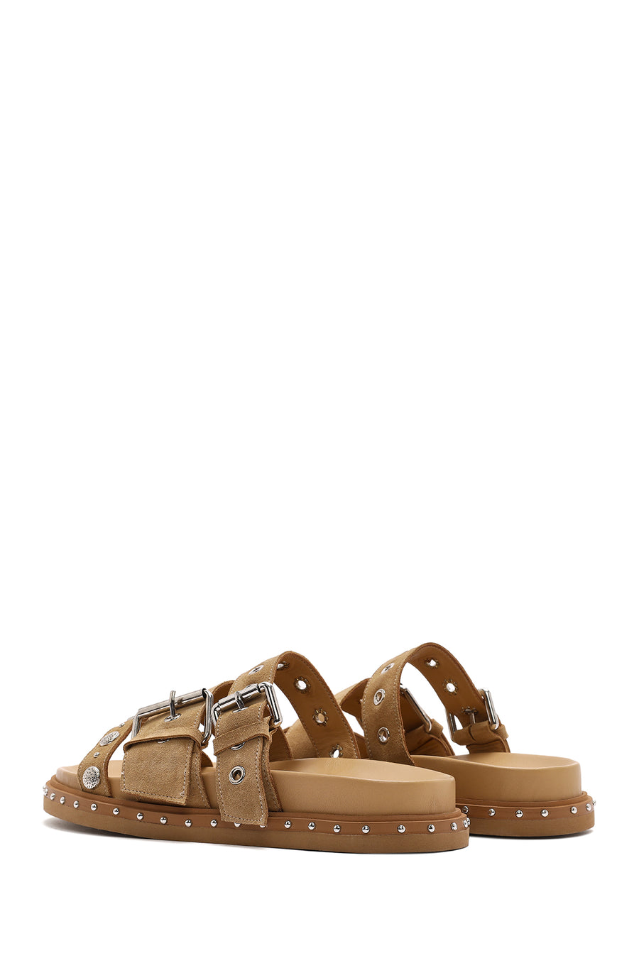 Women's Brown Buckled Strap Suede Leather Slippers