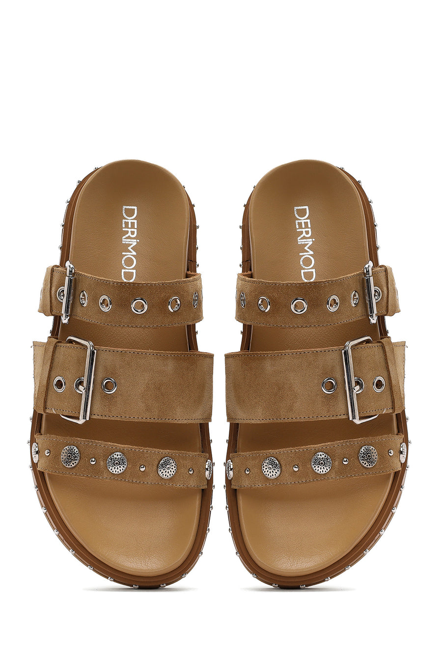 Women's Brown Buckled Strap Suede Leather Slippers