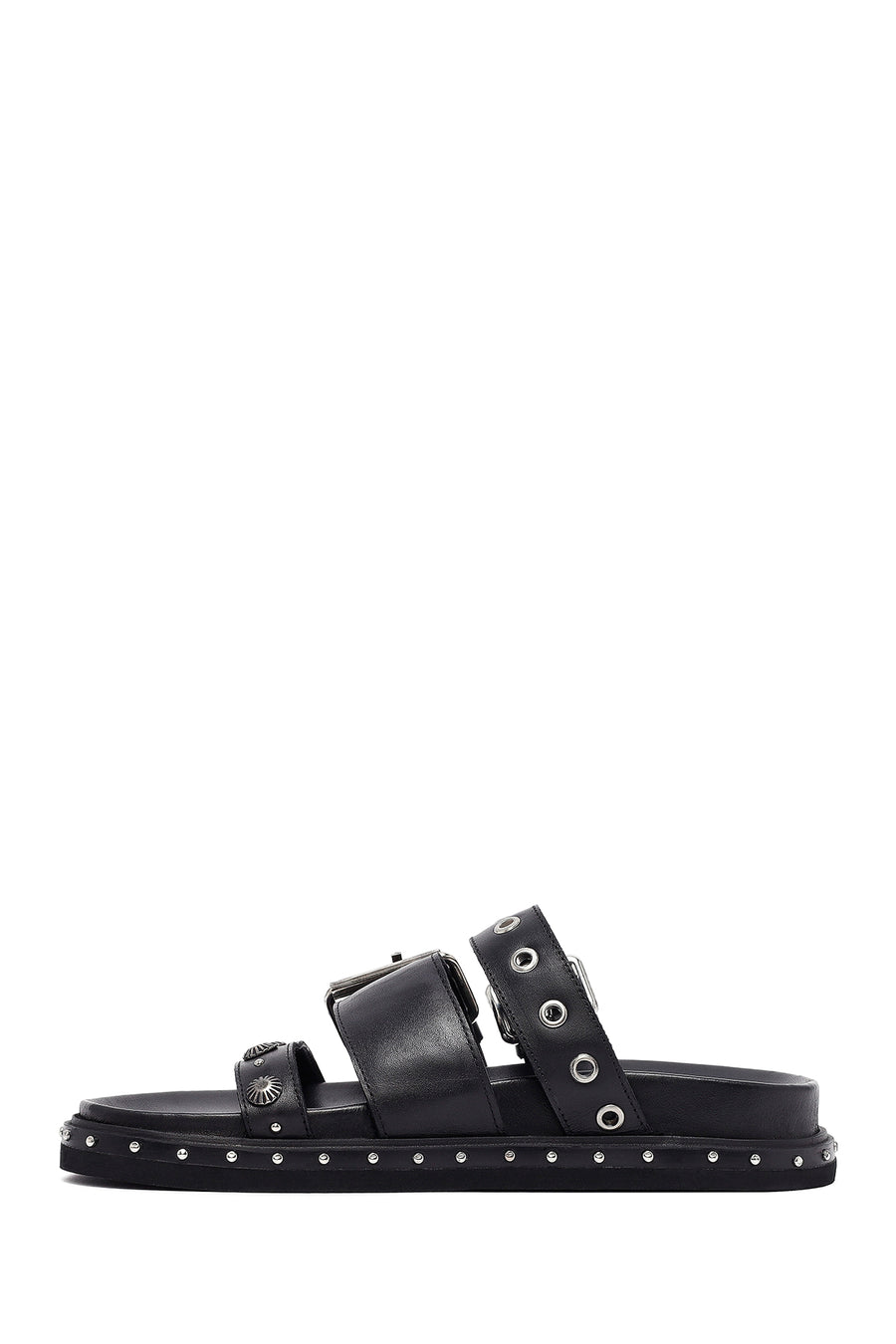 Woman Black Buckle Leather Slipper
