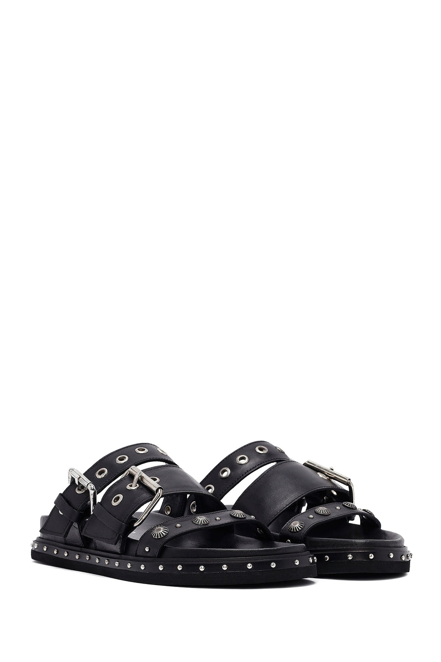 Woman Black Buckle Leather Slipper