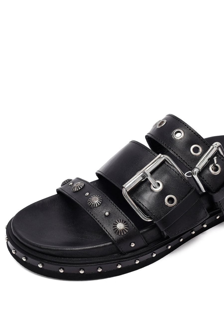 Woman Black Buckle Leather Slipper