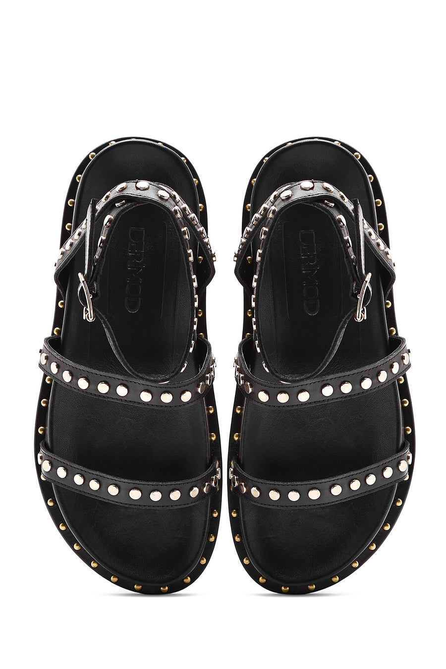 Women's Black Ankle Strap Metal Detailed Leather Sandals