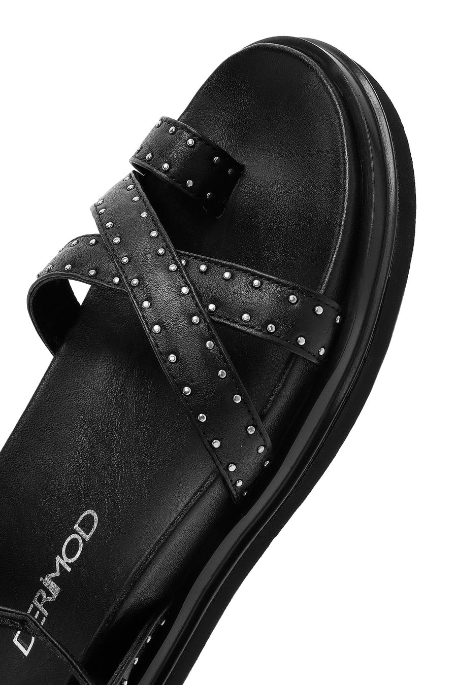 Women's Black Leather Sandals with Metal Buckle Ankle Detail