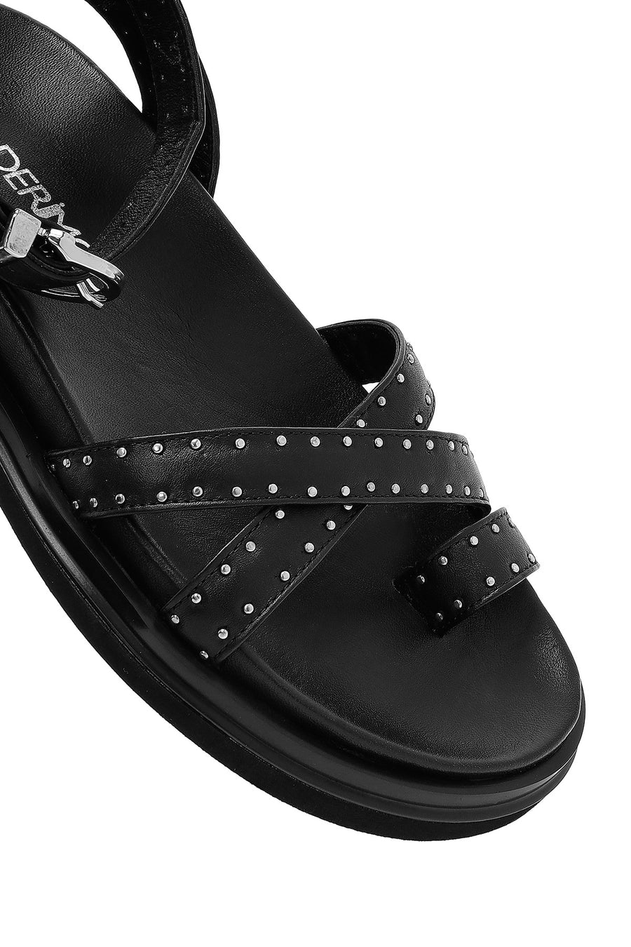 Women's Black Leather Sandals with Metal Buckle Ankle Detail