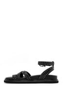 Women's Black Leather Sandals with Metal Buckle Ankle Detail | Derimod