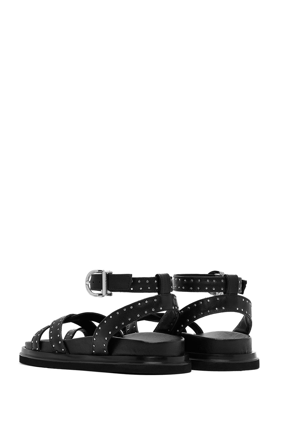 Women's Black Leather Sandals with Metal Buckle Ankle Detail