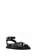 Women's Black Leather Sandals with Metal Buckle Ankle Detail | Derimod