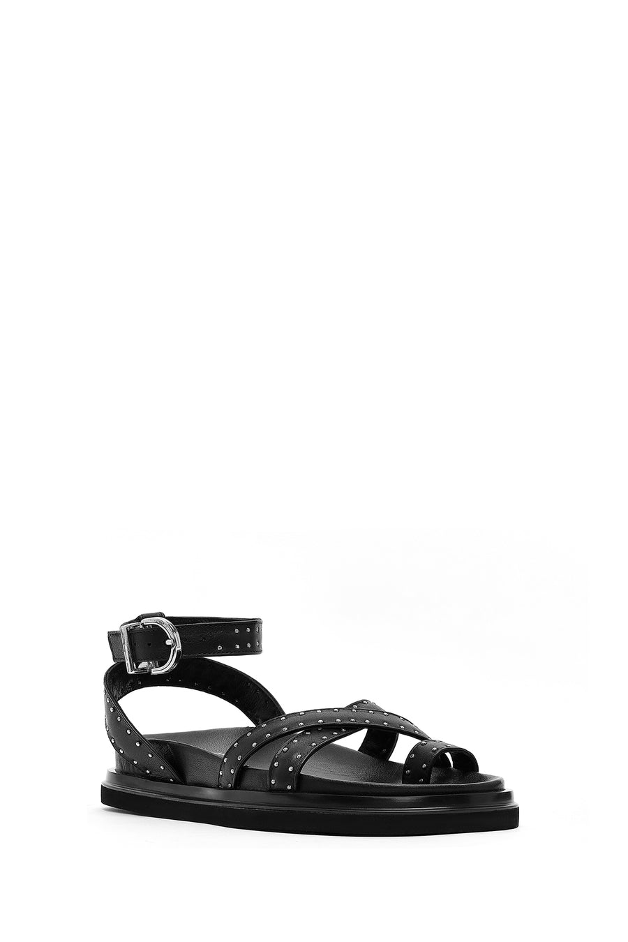 Women's Black Leather Sandals with Metal Buckle Ankle Detail