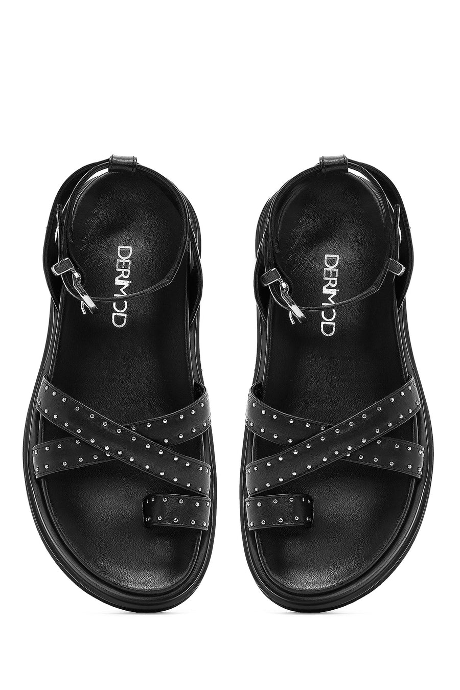 Women's Black Leather Sandals with Metal Buckle Ankle Detail