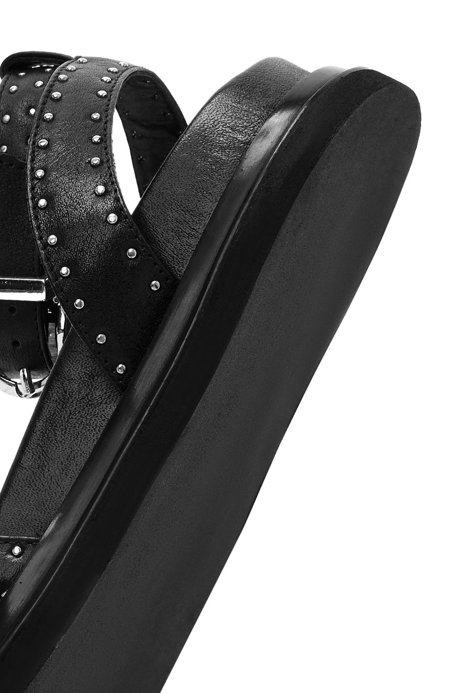 Women's Black Leather Sandals with Metal Buckle Ankle Detail