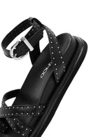 Women's Black Leather Sandals with Metal Buckle Ankle Detail | Derimod