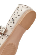 Women's Beige Buckled Stoned Leather Ballerinas | Derimod
