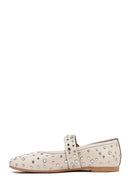 Women's Beige Buckled Stoned Leather Ballerinas | Derimod