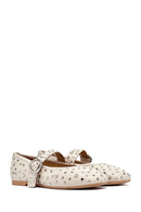 Women's Beige Buckled Stoned Leather Ballerinas | Derimod