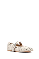 Women's Beige Buckled Stoned Leather Ballerinas | Derimod