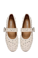 Women's Beige Buckled Stoned Leather Ballerinas | Derimod