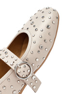 Women's Beige Buckled Stoned Leather Ballerinas | Derimod