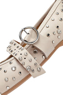 Women's Beige Buckled Stoned Leather Ballerinas | Derimod