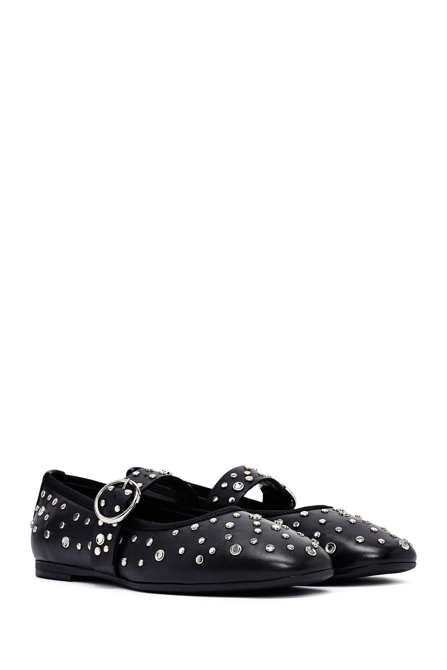 Women's Black Buckled Stoned Leather Ballerinas