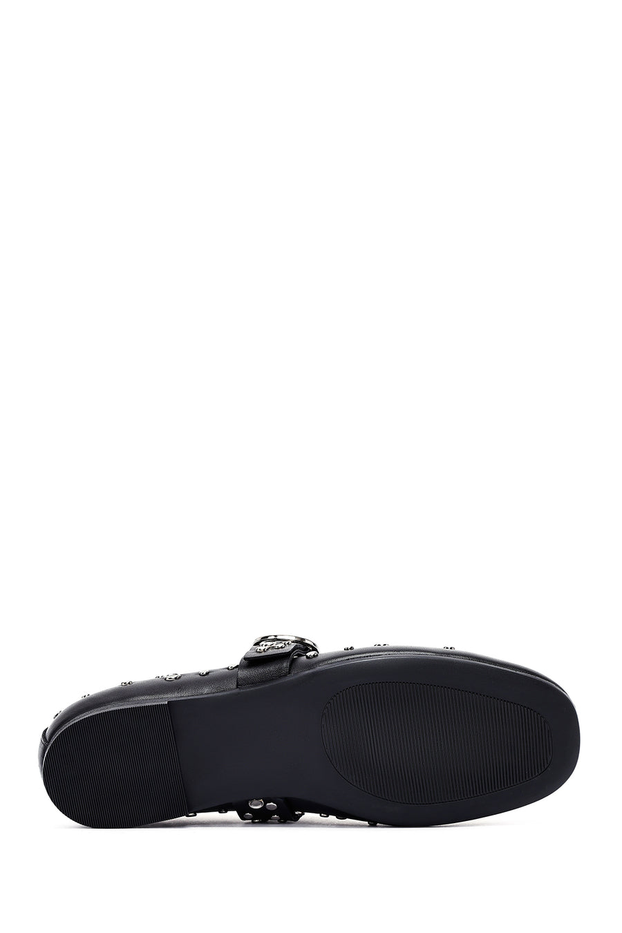 Women's Black Buckled Stoned Leather Ballerinas