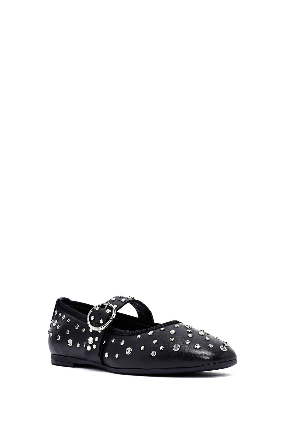 Women's Black Buckled Stoned Leather Ballerinas