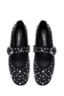 Kadın Siyah Tokalı Taşlı Deri Babet | Derimod