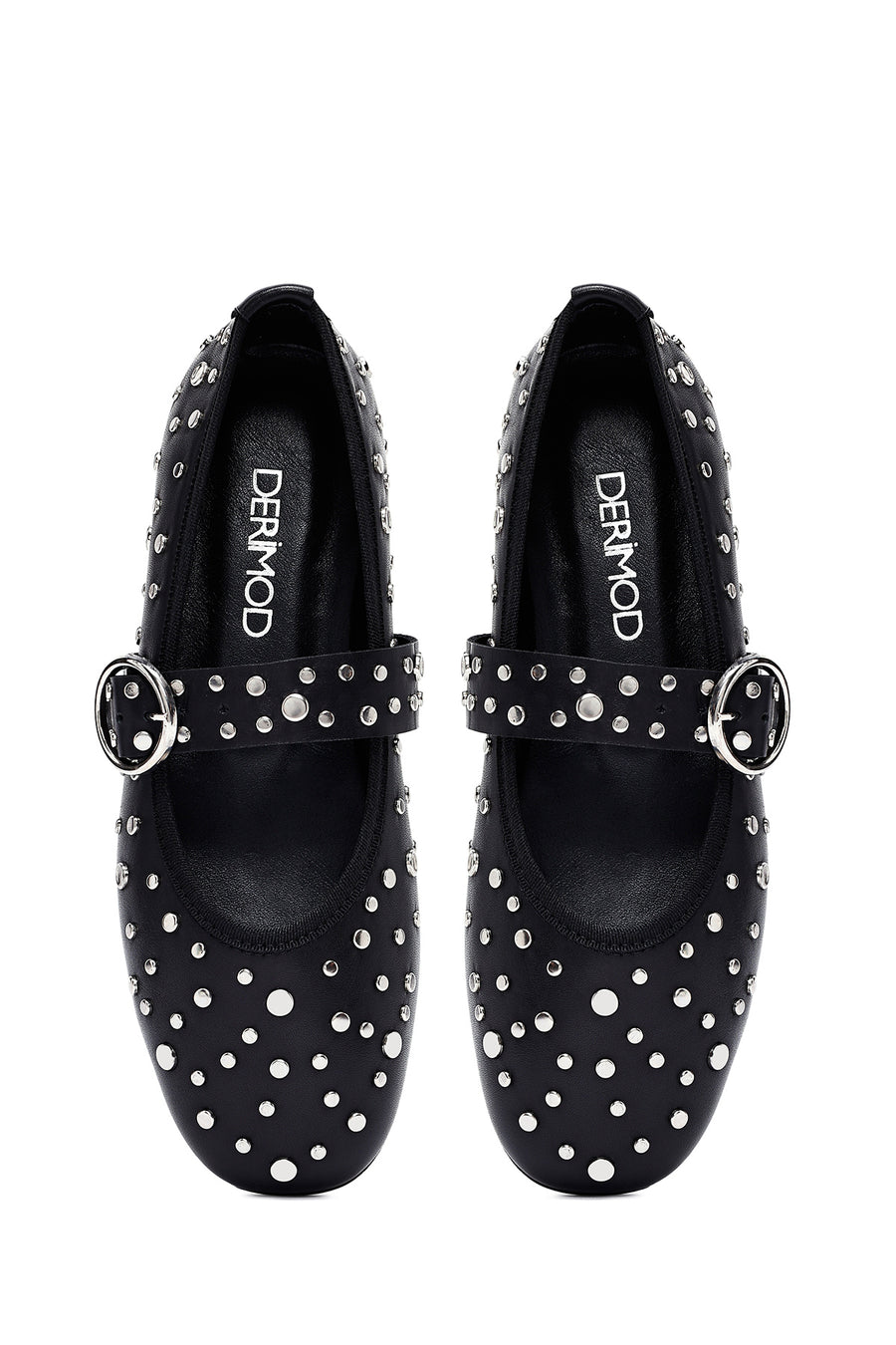 Women's Black Buckled Stoned Leather Ballerinas