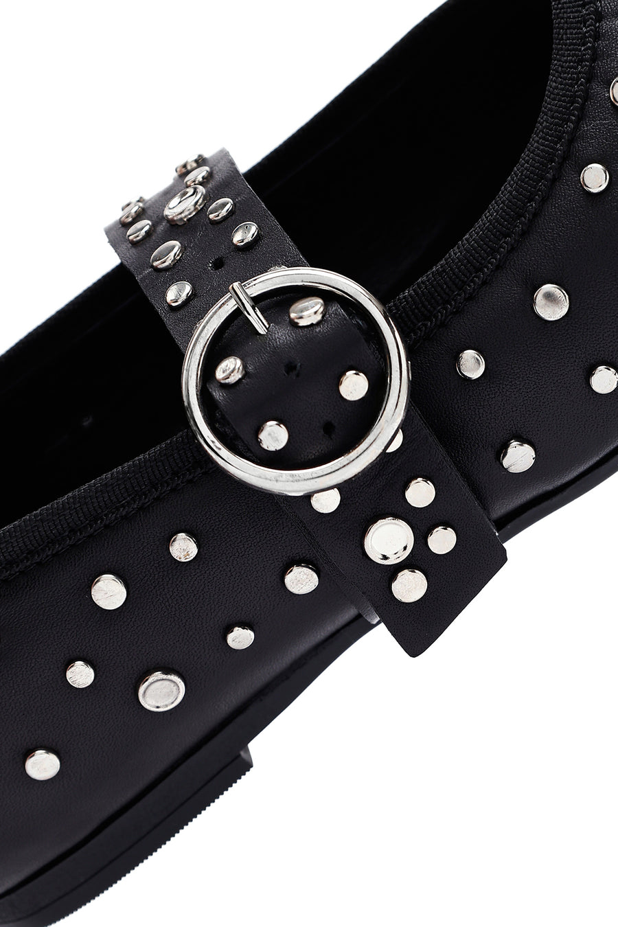 Women's Black Buckled Stoned Leather Ballerinas