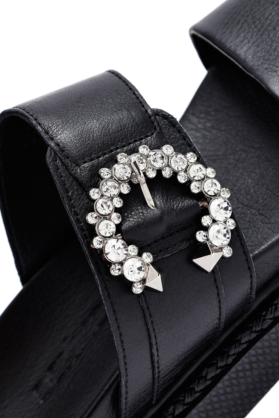 Women's Black Stoned Thick Soled Leather Slippers