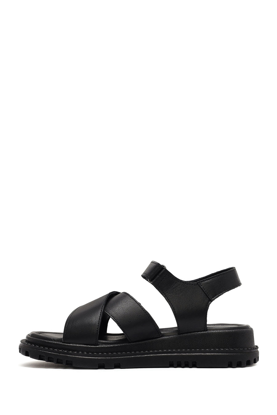 Women's Black Strappy Thick-Sole Leather Sandals