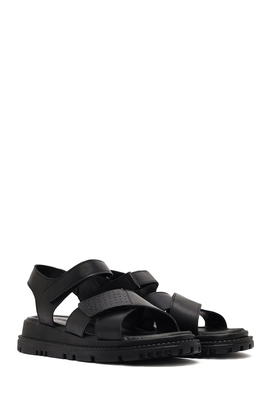 Women's Black Strappy Thick-Sole Leather Sandals